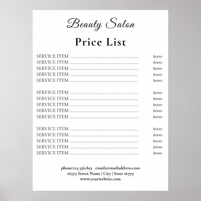 Affiche Vintage Beauty Salon Price List (Devant)