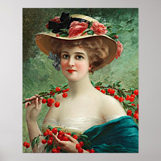 Affiche Vintage Belle Dame, Casquette Fleurs & Cerises (Devant)