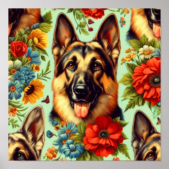 Affiche Vintage berger allemand floral (Devant)