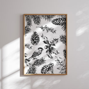 Affiche Vintage Bird et Pinecone Motif Noël
