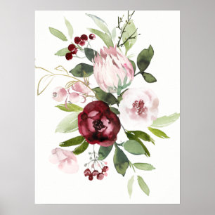 Affiche Vintage blanc blanc bleu rose bordeaux floral Prot