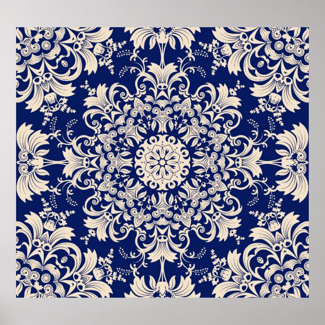 Affiche Vintage Bleu : Elégant Motif sans couture. (Devant)