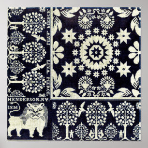 Affiche vintage bleu floral fleurs tissu art textile