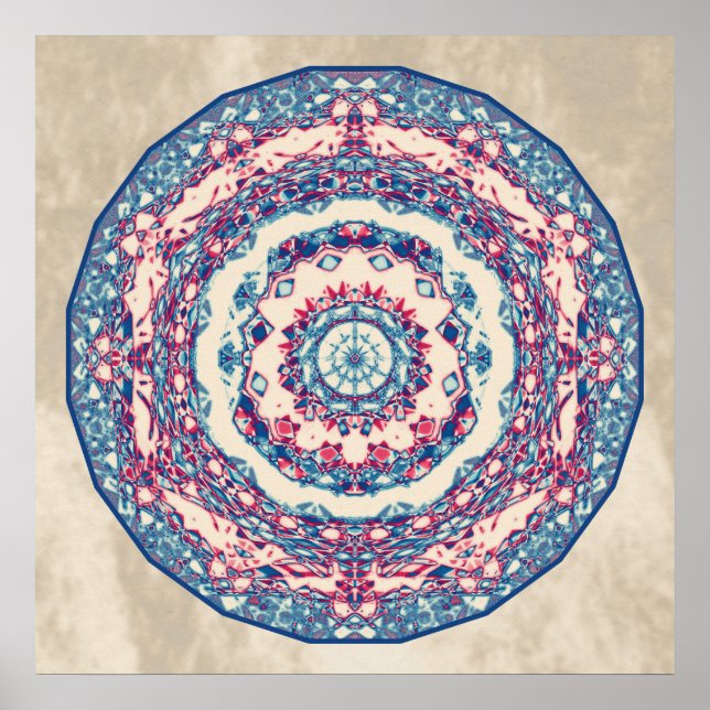 Affiche Vintage bleu rouge Abstrait Mandala Art Design (Devant)