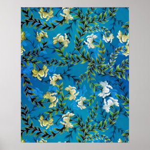 Affiche Vintage Blue Floral Pattern Illustration