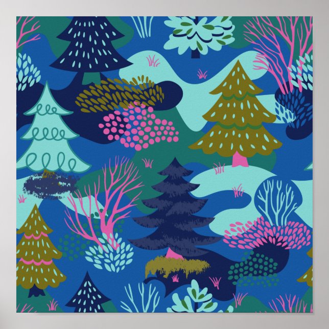 Affiche Vintage Blue Winter Tree Forêt (Devant)