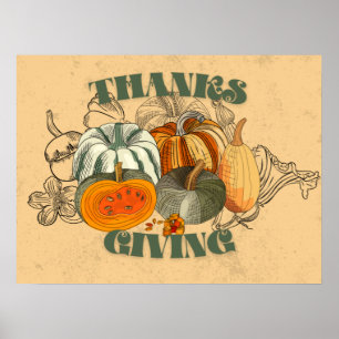 Affiche Vintage Bon thanksgiving rétro Citrouilles