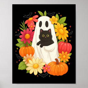 Affiche Vintage Boo Halloween Fantôme Floral Chat Noir Gro