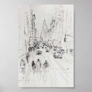Affiche Vintage Busy City Street - Illustration urbaine