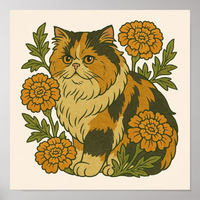 Affiche Vintage Calico Kitty Chat Marigold Fleurs (Devant)