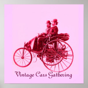Affiche Vintage Cars Rassembler, rose fuchsia rouge violet