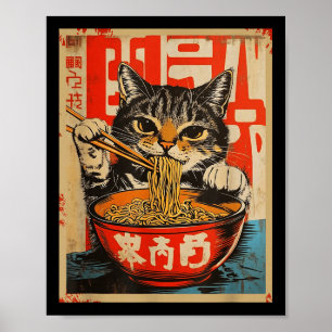 Affiche Vintage chat manger Ramen nouilles Art Japonais