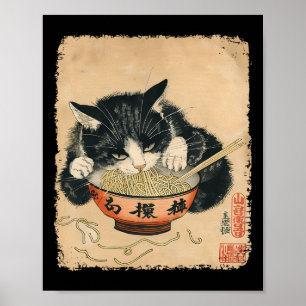 Affiche Vintage chat manger Ramen nouilles gothique Otaku