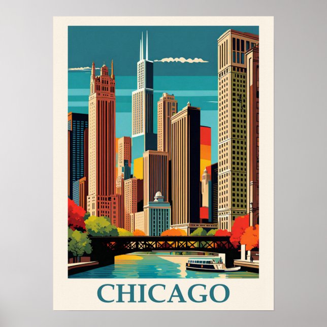 Affiche Vintage Chicago Illinois City Skyline Retro Travel (Devant)