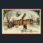 Affiche Vintage Christmas Church Parishioners at Dawn Mass<br><div class="desc">Vintage illustration Victorian Christmas holiday image featuring a beautiful church with stained glass windows at sunrise on Christmas Day. The parishioners are walking in the snow to go to the Dawn Mass or "Shepherd's Mass"</div>