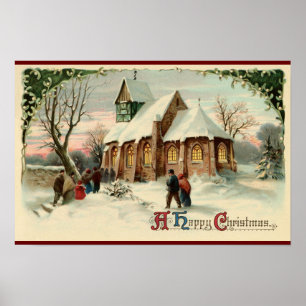 Affiche Vintage Christmas Church Parishioners at Dawn Mass