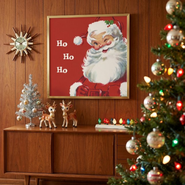 Affiche Vintage Christmas, Jolly Santa Claus Winking (Vintage illustration Christmas design featuring a happy, jolly Santa Claus wearing a hat and winking)