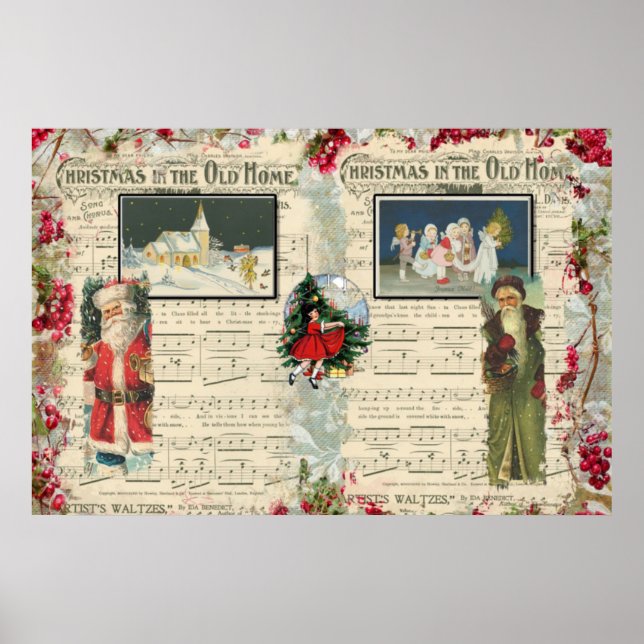 Affiche Vintage Christmas Santas, Children, Musical Notes  (Devant)