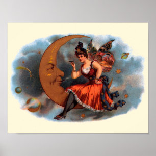 Affiche Vintage Cigar Label Art, Victorian Fairy on Moon