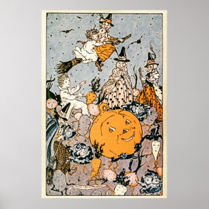 Affiche Vintage Citrouille d'Halloween et sorcières avec b
