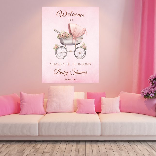Affiche Vintage classique fille Baby shower rose bienvenue (Créateur téléchargé)