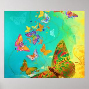 Affiche Vintage Colorful Butterfly Gold Glitter Watercolor