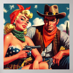 Affiche Vintage Cowgirl et Cowboy