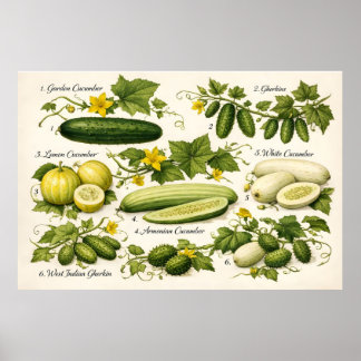 Affiche Vintage Cucumber Varieties Botanical Illustration 
