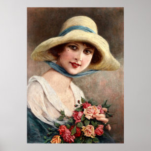 Affiche Vintage Dame Avec Bouquet De Roses