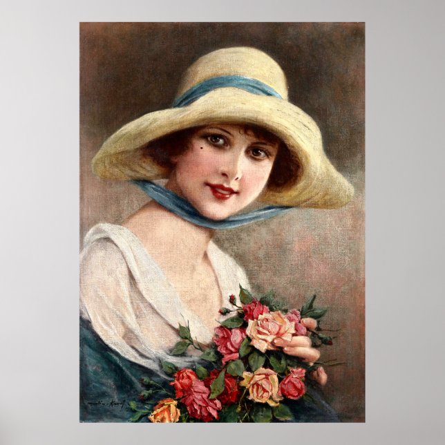 Affiche Vintage Dame Avec Bouquet De Roses (Devant)