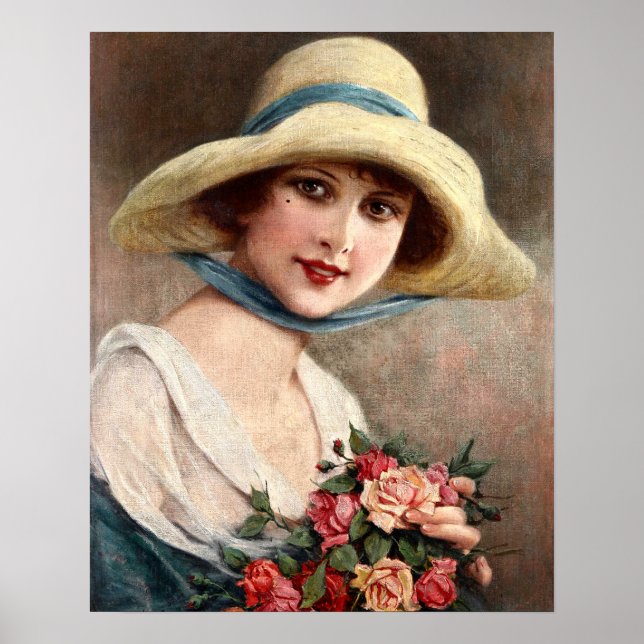 Affiche Vintage Dame Avec Bouquet De Roses (Devant)