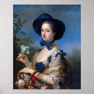 Affiche Vintage Dame Avec Casquette Bleu Et Panier De Fleu
