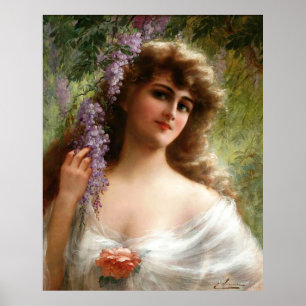 Affiche Vintage Dame Avec Fleurs Violettes & Rose De Pêche