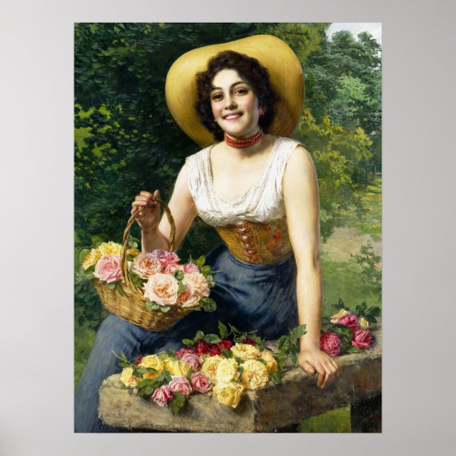 Affiche Vintage Dame Avec Panier De Roses (Devant)