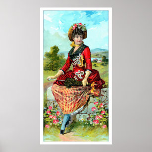 Affiche Vintage Dame En Parasol Rouge Fleurs Rouges