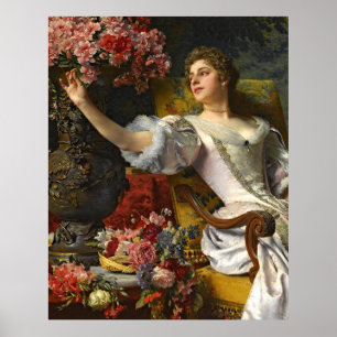 Affiche Vintage Dame En Robe Rose Orange Roses