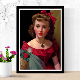 Affiche Vintage Dame En Robe Rouge Rose Retro
