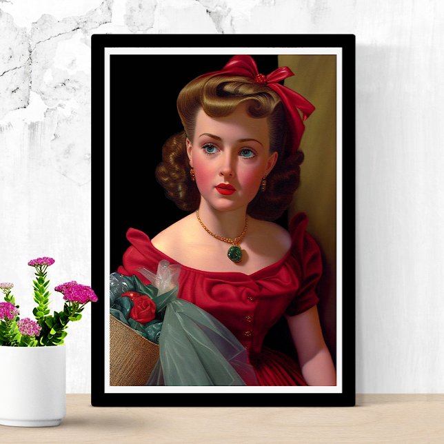 Affiche Vintage Dame En Robe Rouge Rose Retro (Créateur téléchargé)