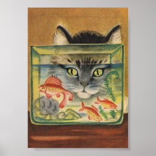 Affiche vintage d'animal de chat regardant un pois