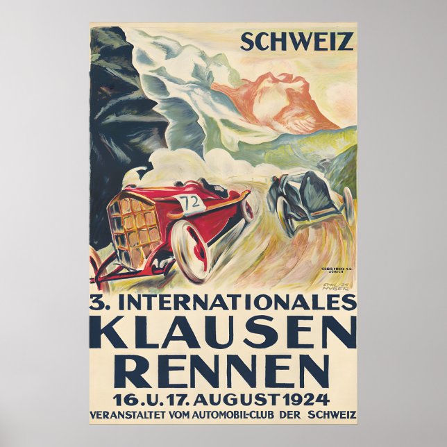 Affiche vintage de course automobile suisse 1924 (Devant)