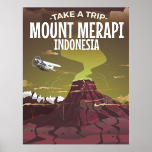 Affiche vintage de dessin animé du mont Merapi Ind