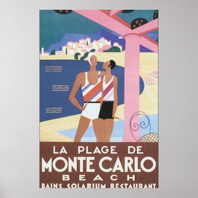 Affiche vintage de la plage de Monte Carlo (Devant)