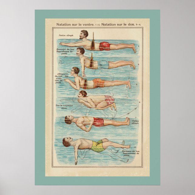 Affiche vintage de leçons de natation françaises (Devant)