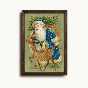 Affiche vintage de Noël bleu du Père Noël et son t