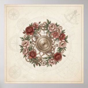 Affiche vintage de rose aux engrenages Steampunk