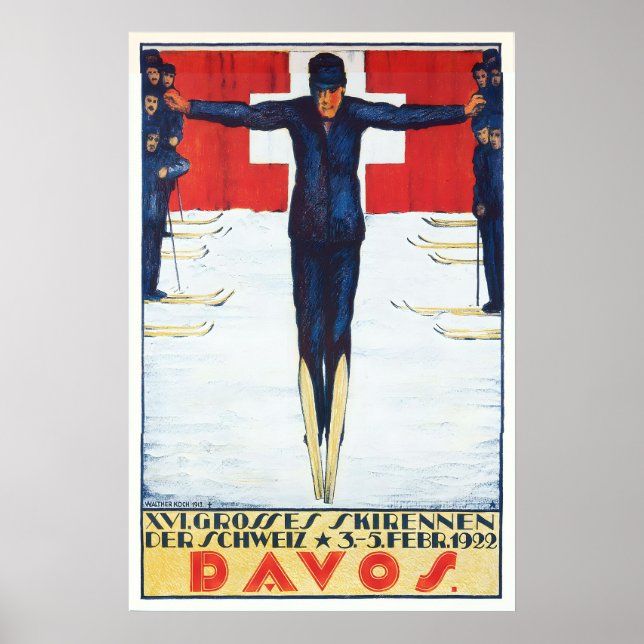 Affiche vintage de ski à Davos en Suisse (Devant)