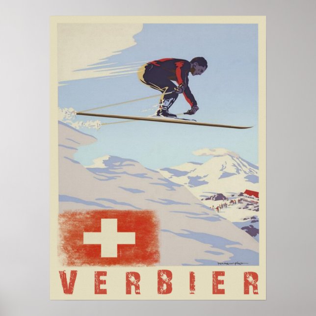 Affiche vintage de ski à Verbier en Suisse (Devant)