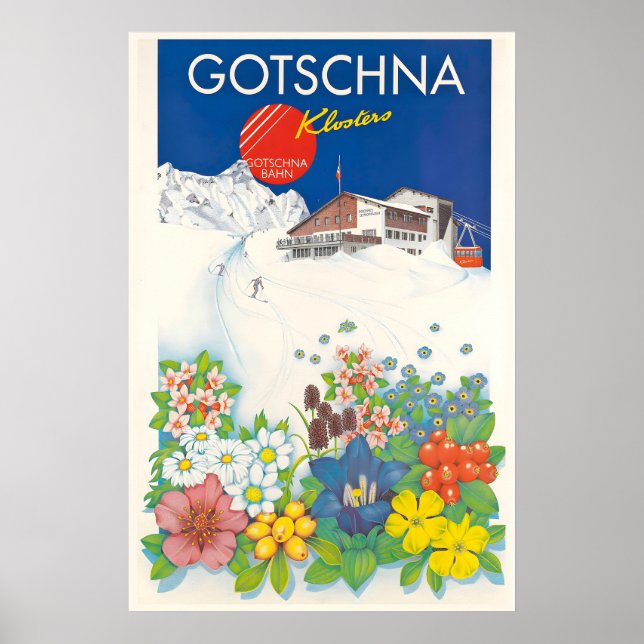 Affiche vintage de ski Gotschna Klosters Suisse (Devant)