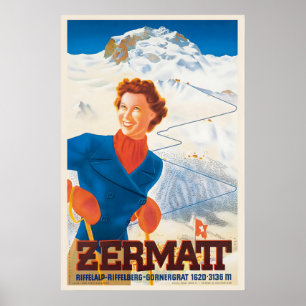 Affiche vintage de ski Zermatt Alpes suisses Suiss