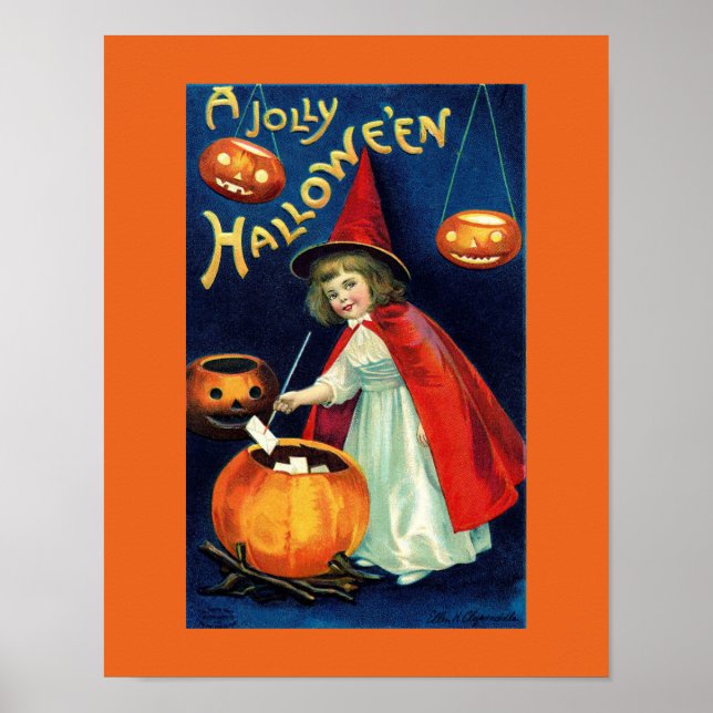 Affiche vintage de sorcière Halloween Jolly Girl (Devant)